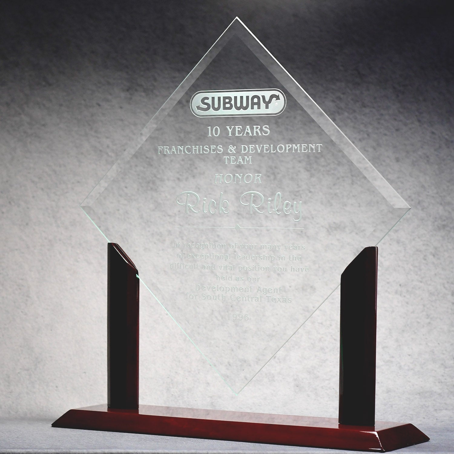 Jade Glass Diamond On Piano Wood Base | Global Recognition Inc