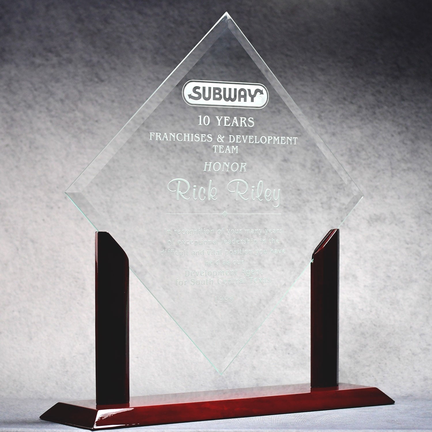 Jade Glass Diamond On Piano Wood Base | Global Recognition Inc