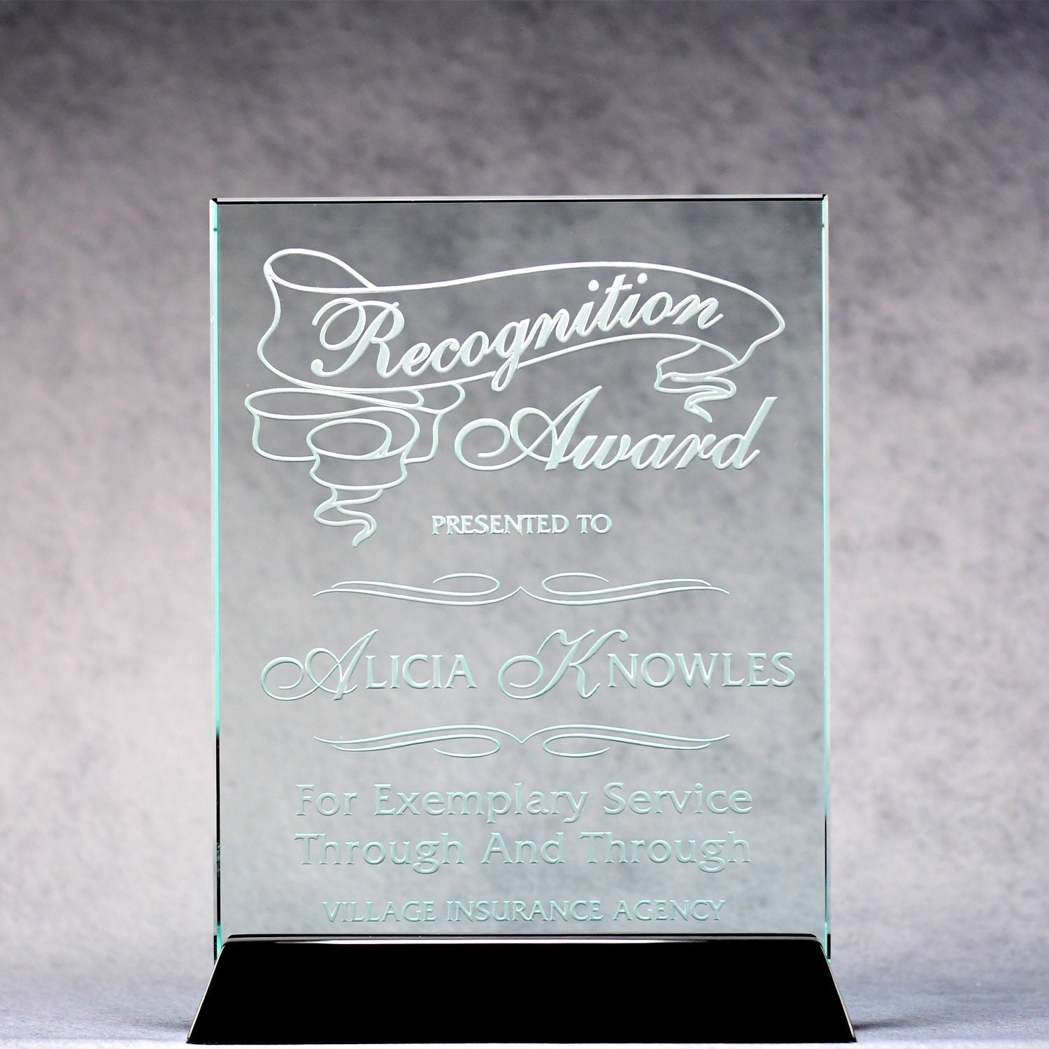 Jade Glass Plaque On Black Piano Base | Global Recognition Inc