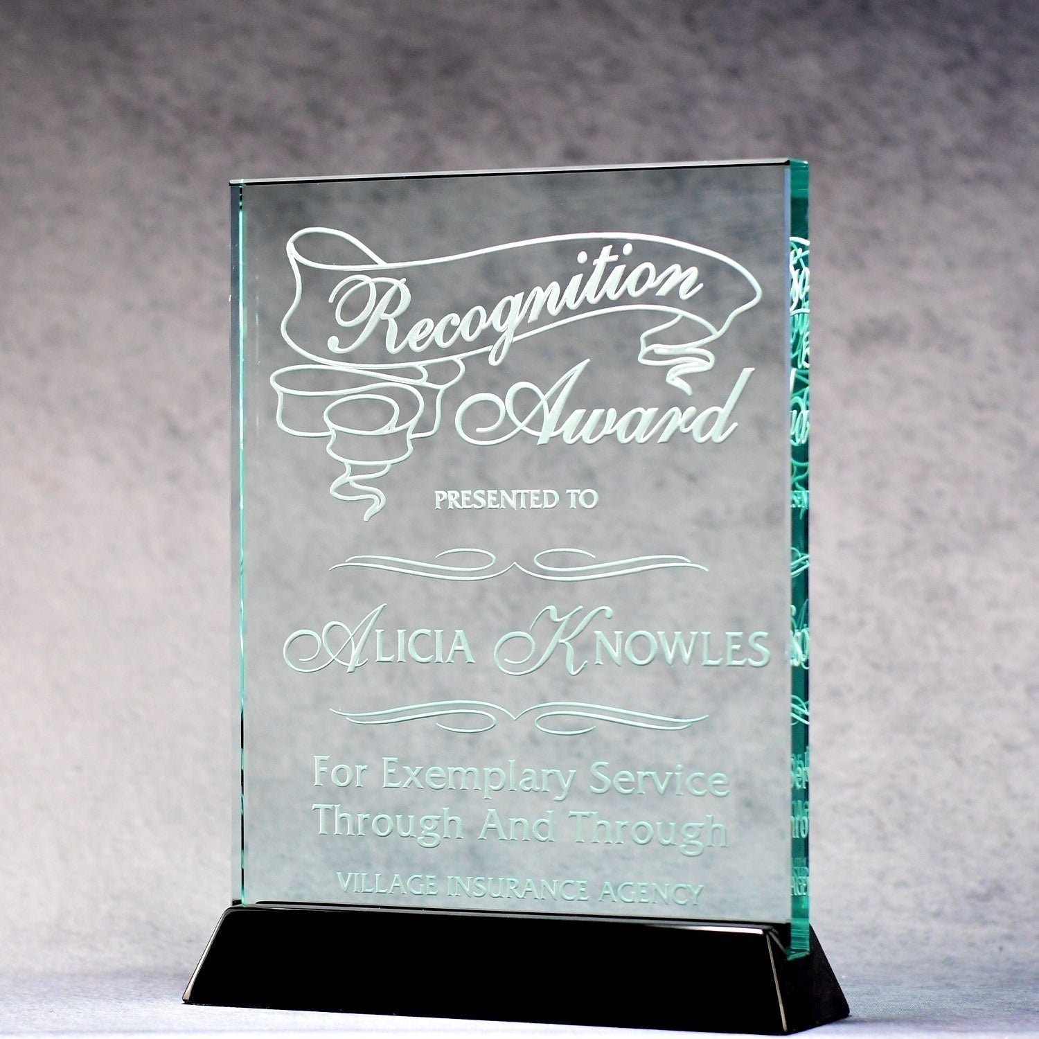 Jade Glass Plaque On Black Piano Base | Global Recognition Inc