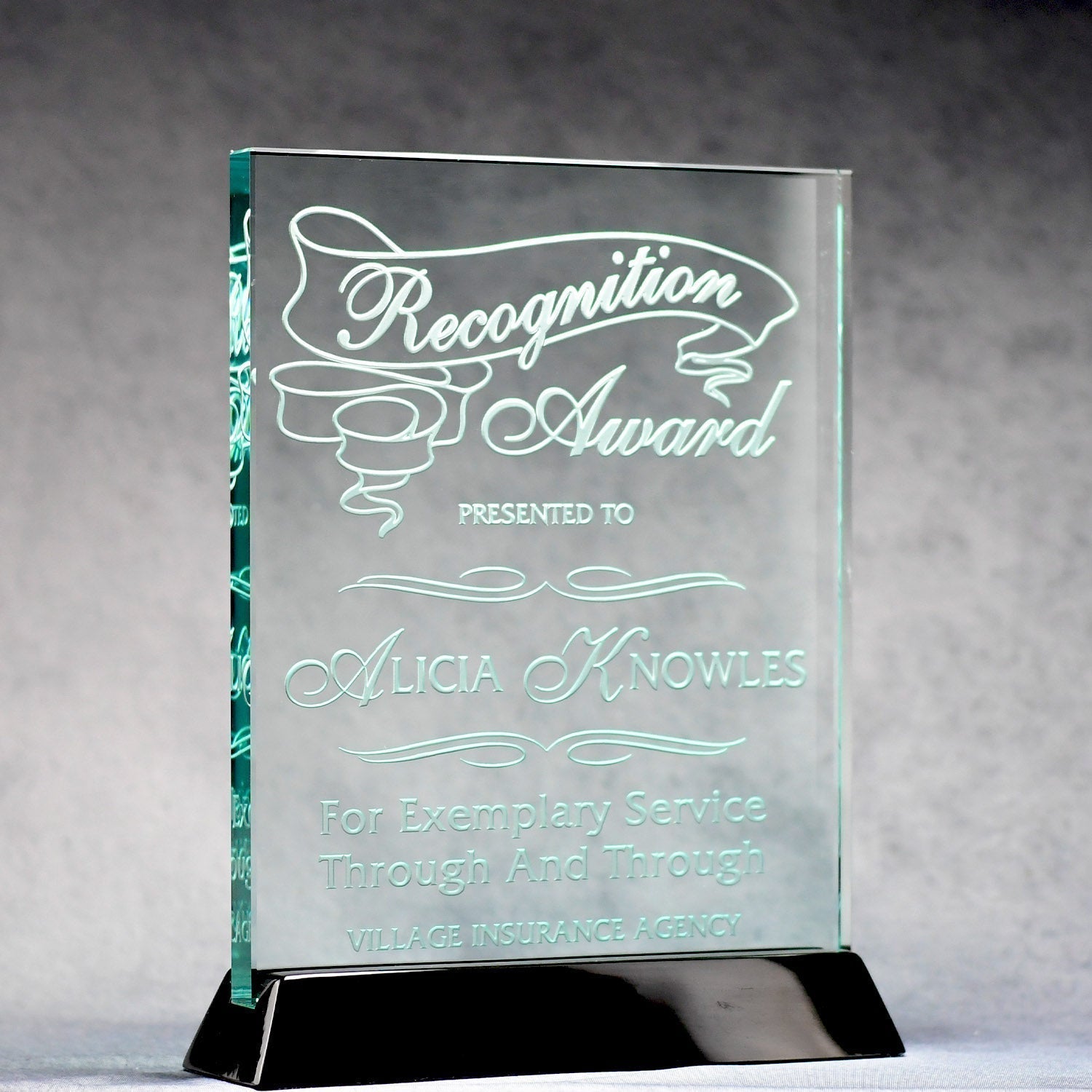 Jade Glass Plaque On Black Piano Base | Global Recognition Inc