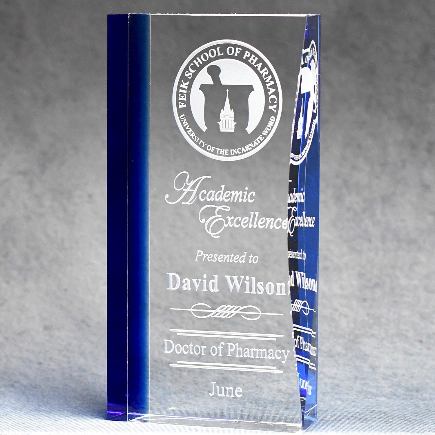 Optic Crystal With Blue Fused Accent | Global Recognition Inc