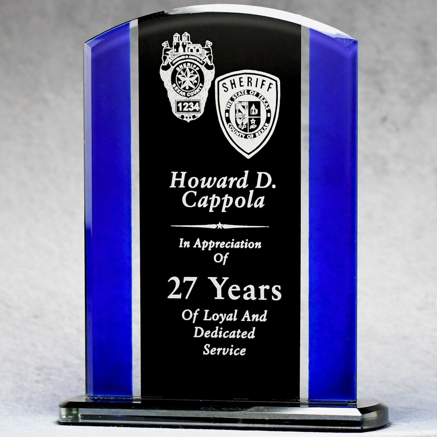 Economy Black And Blue Glass Plaque | Global Recognition Inc