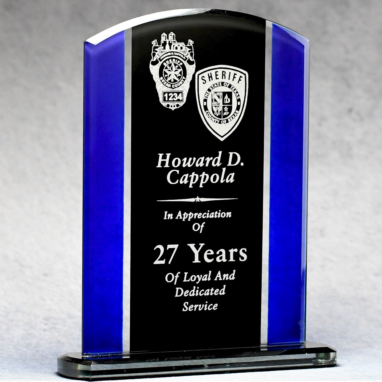 Economy Black And Blue Glass Plaque | Global Recognition Inc