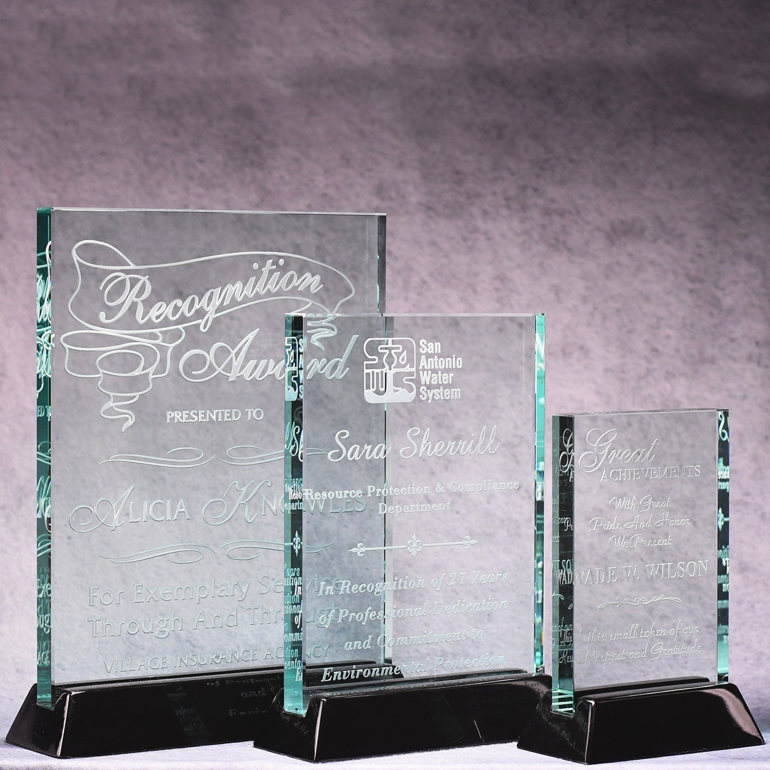 Jade Glass Plaque On Black Piano Base | Global Recognition Inc