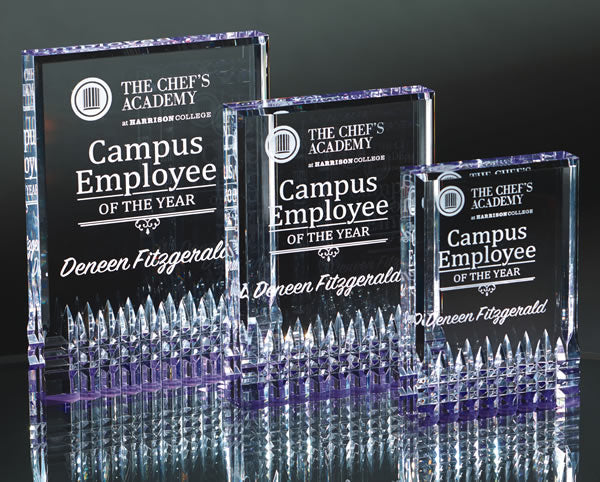 acrylic rectangle awards with diamond cut accents with purple reflective base | Global Recognition