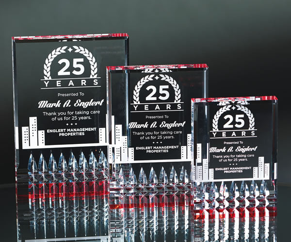 acrylic rectangle awards with diamond cut accents with red reflective base | Global Recognition