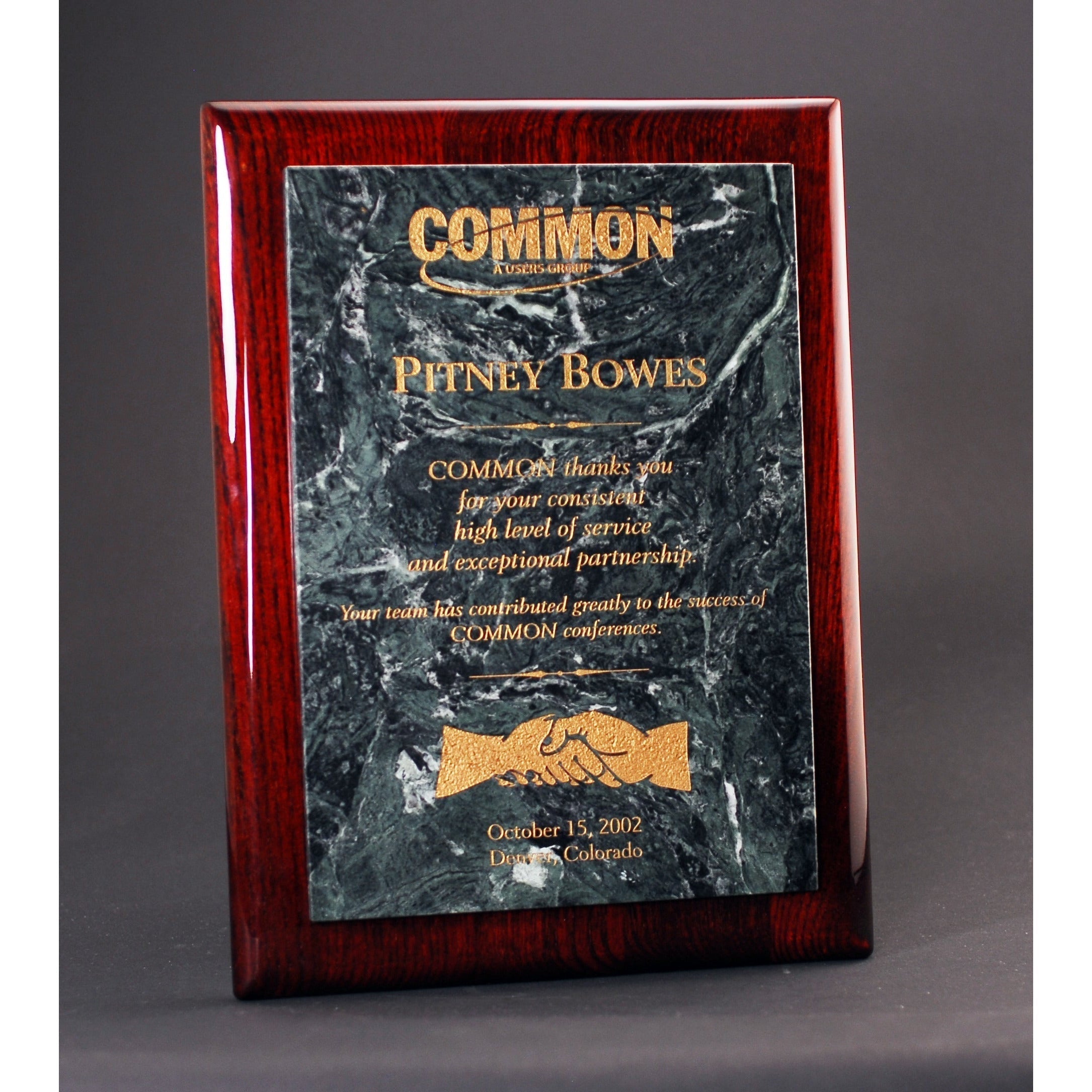 Rosewood Piano Finish Plaque With Green Marble Panel | Global Recognition Inc