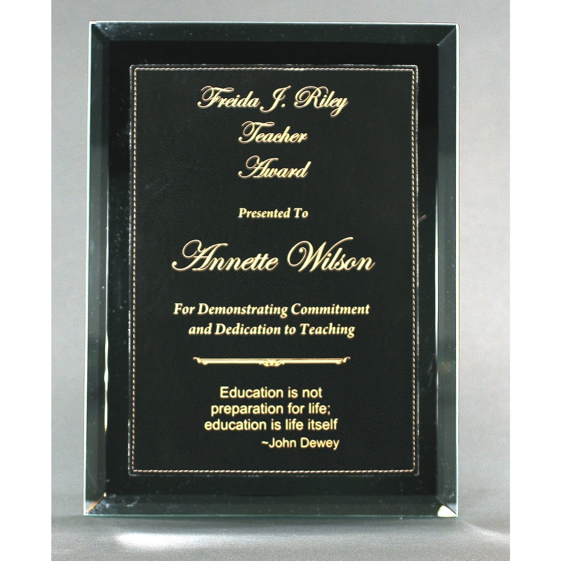 Mirror Plaque With Black And Gold Lasered Leatherette Plate | Global Recognition Inc