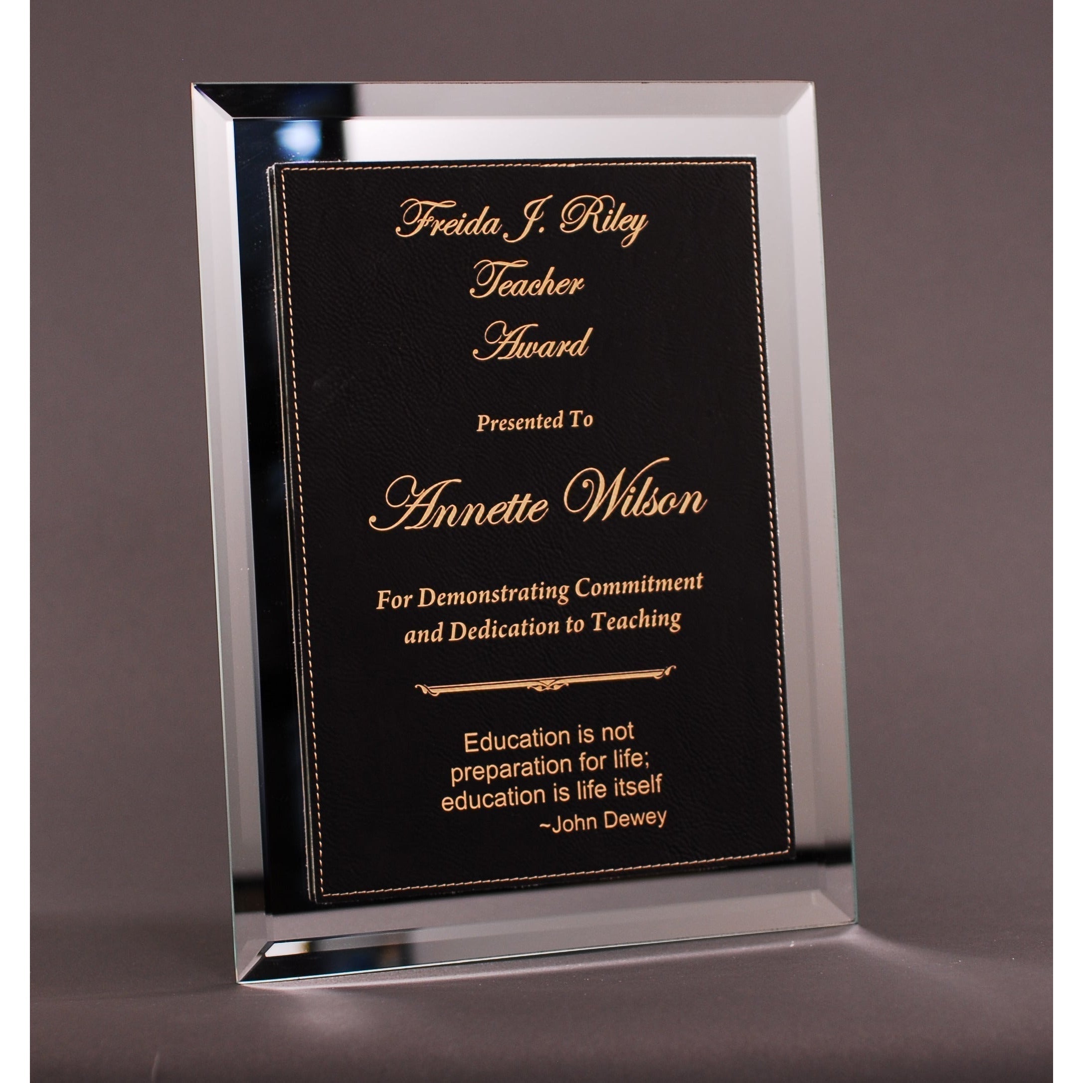 Mirror Plaque With Black And Gold Lasered Leatherette Plate | Global Recognition Inc