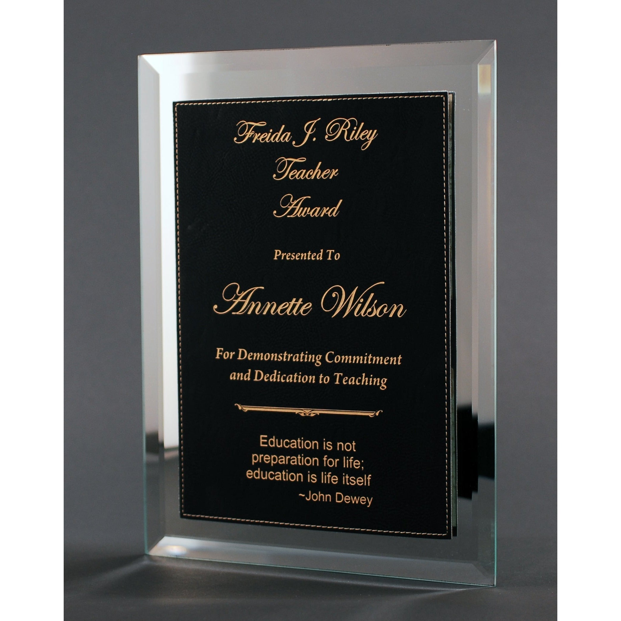 Mirror Plaque With Black And Gold Lasered Leatherette Plate | Global Recognition Inc