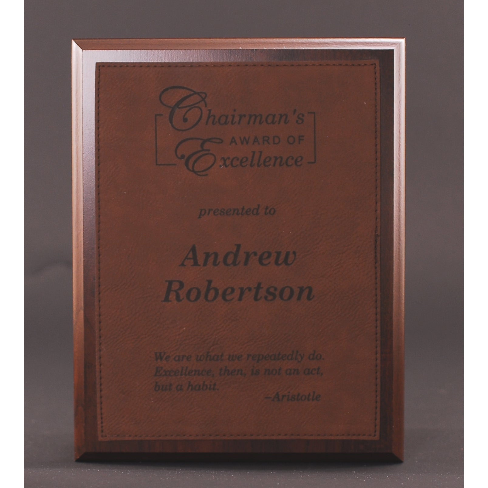 Simulated Walnut Plaque With Dark Brown Lasered Leatherette Plate | Global Recognition Inc