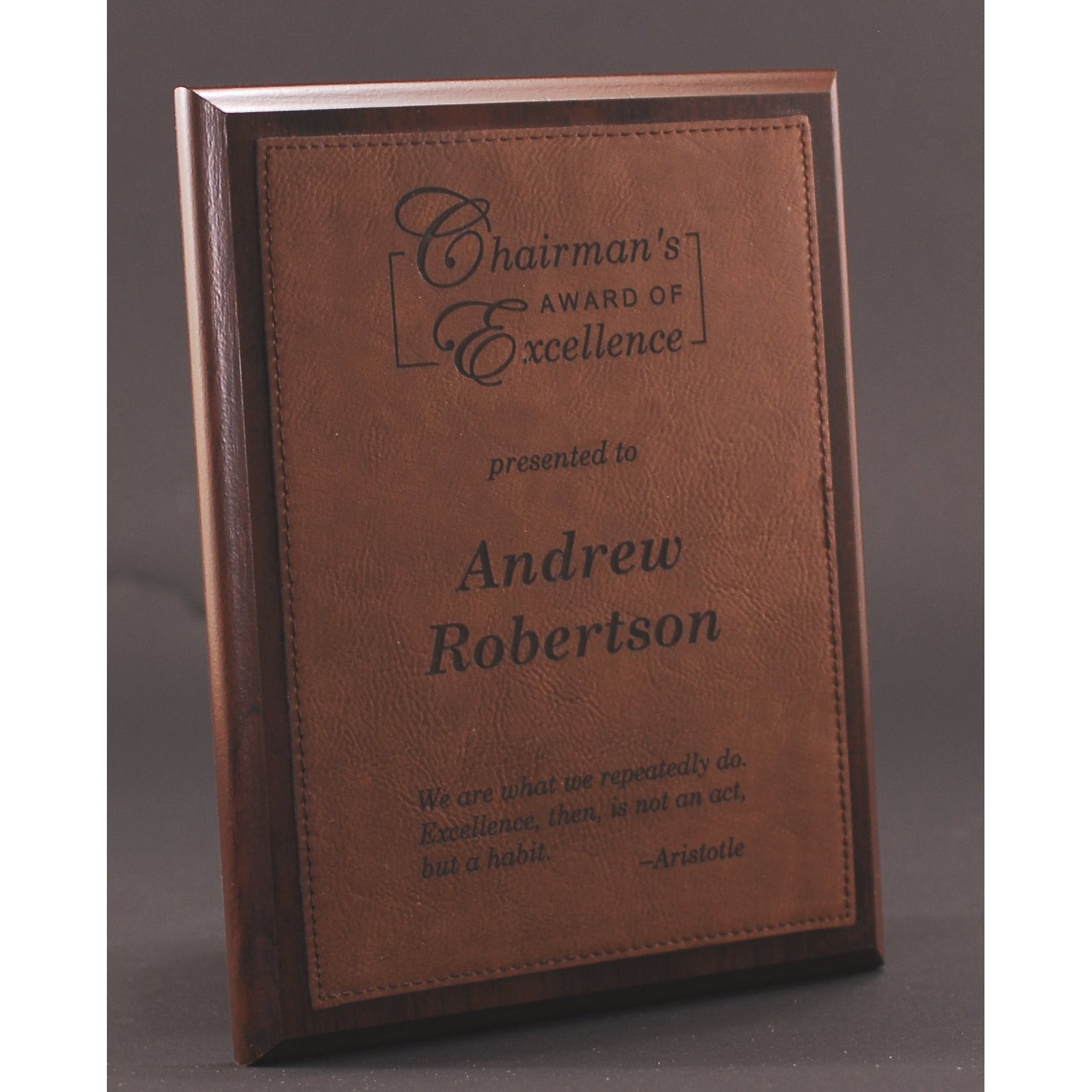 Simulated Walnut Plaque With Dark Brown Lasered Leatherette Plate | Global Recognition Inc