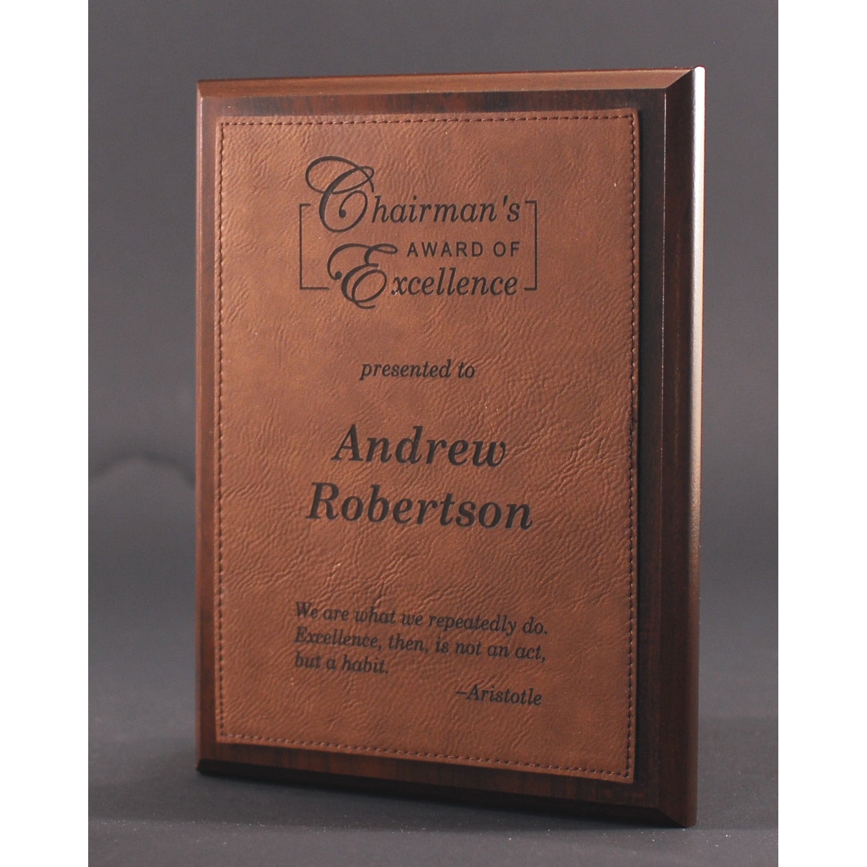 Simulated Walnut Plaque With Dark Brown Lasered Leatherette Plate | Global Recognition Inc