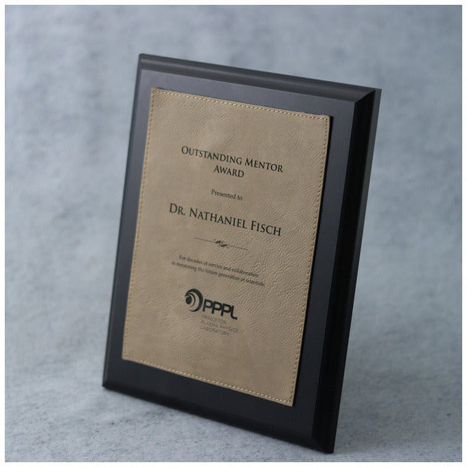 Ebony Laminate Plaque With Light Brown Leatherette Plate | Global Recognition Inc