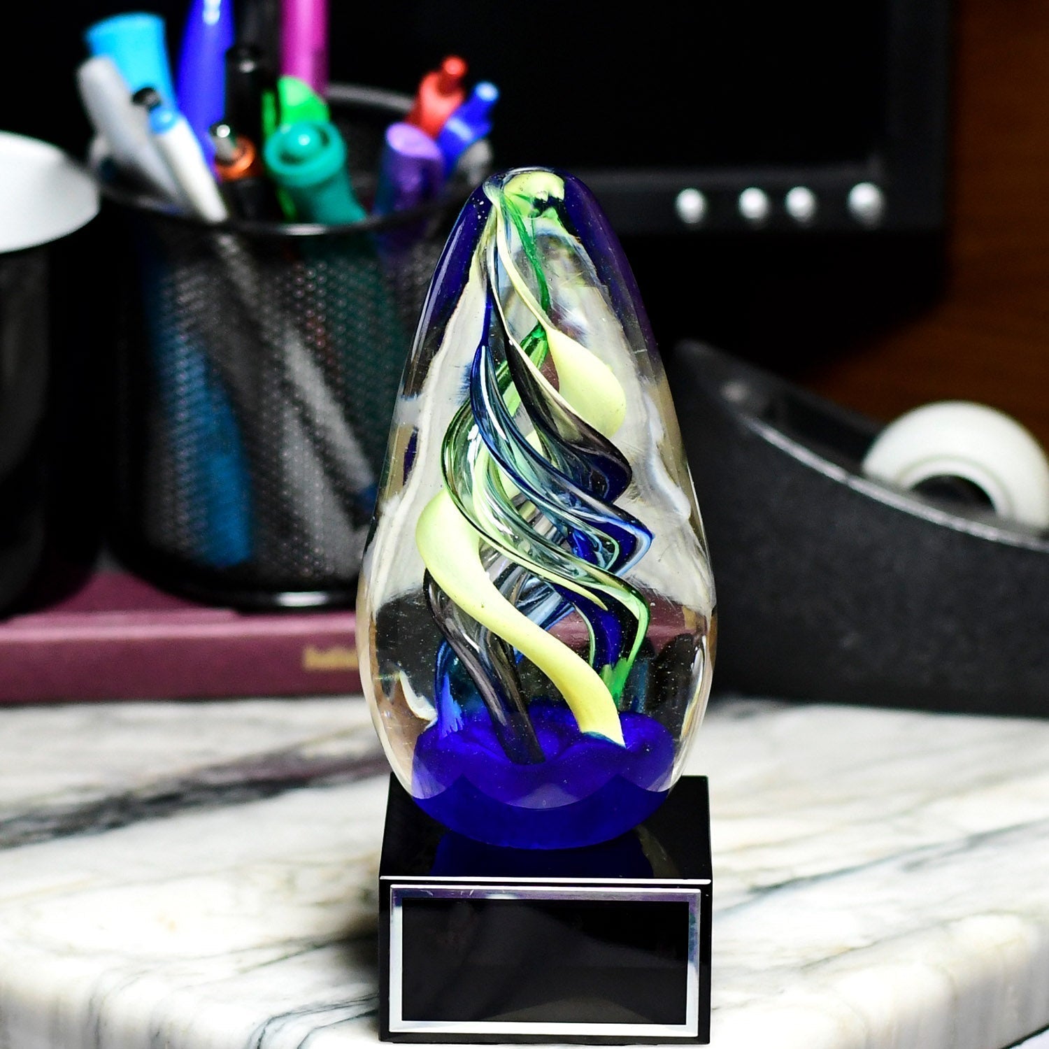 Art Glass Egg On Black Glass Base | Global Recognition Inc