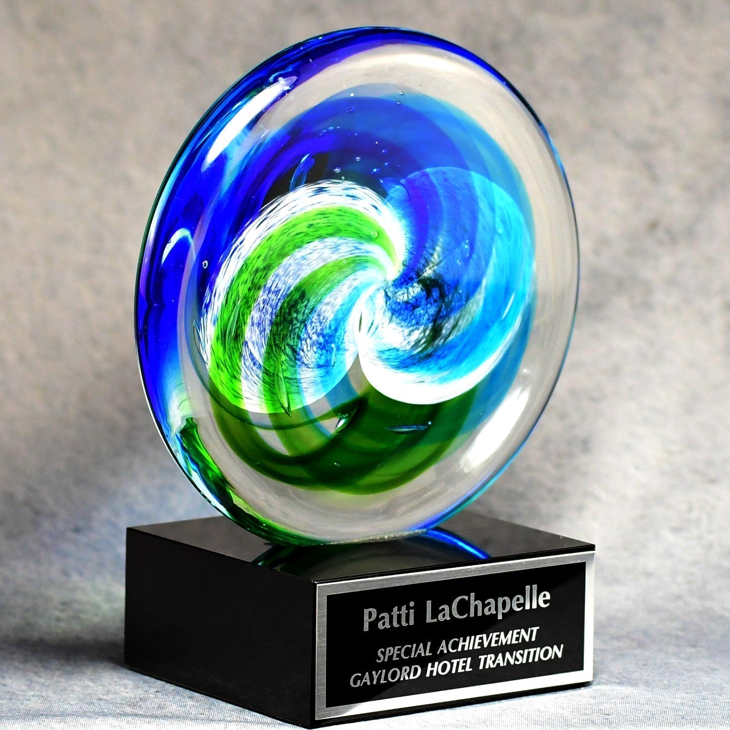 Circle Art Glass On Black Glass Base | Global Recognition Inc