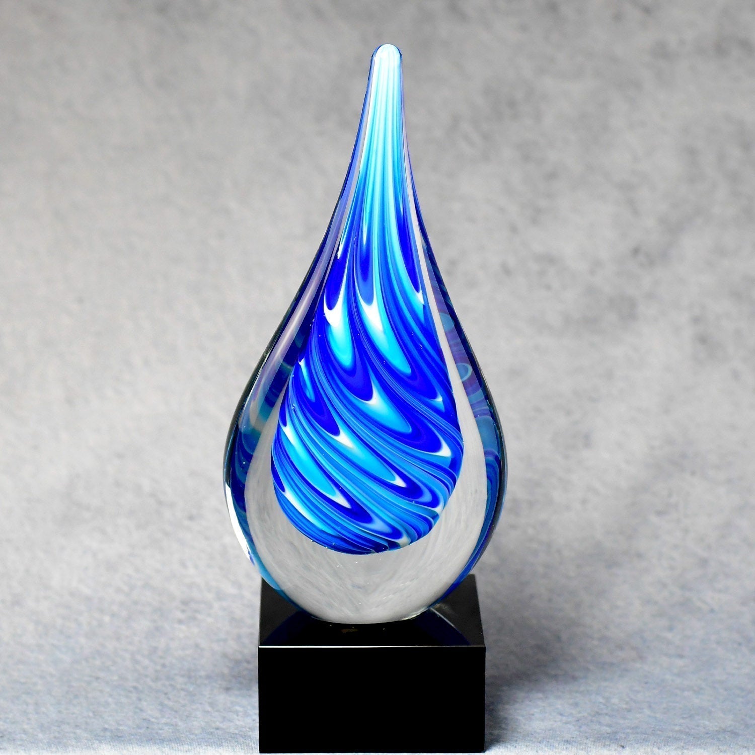 Blue/White Teardrop On Black Glass Base | Global Recognition Inc