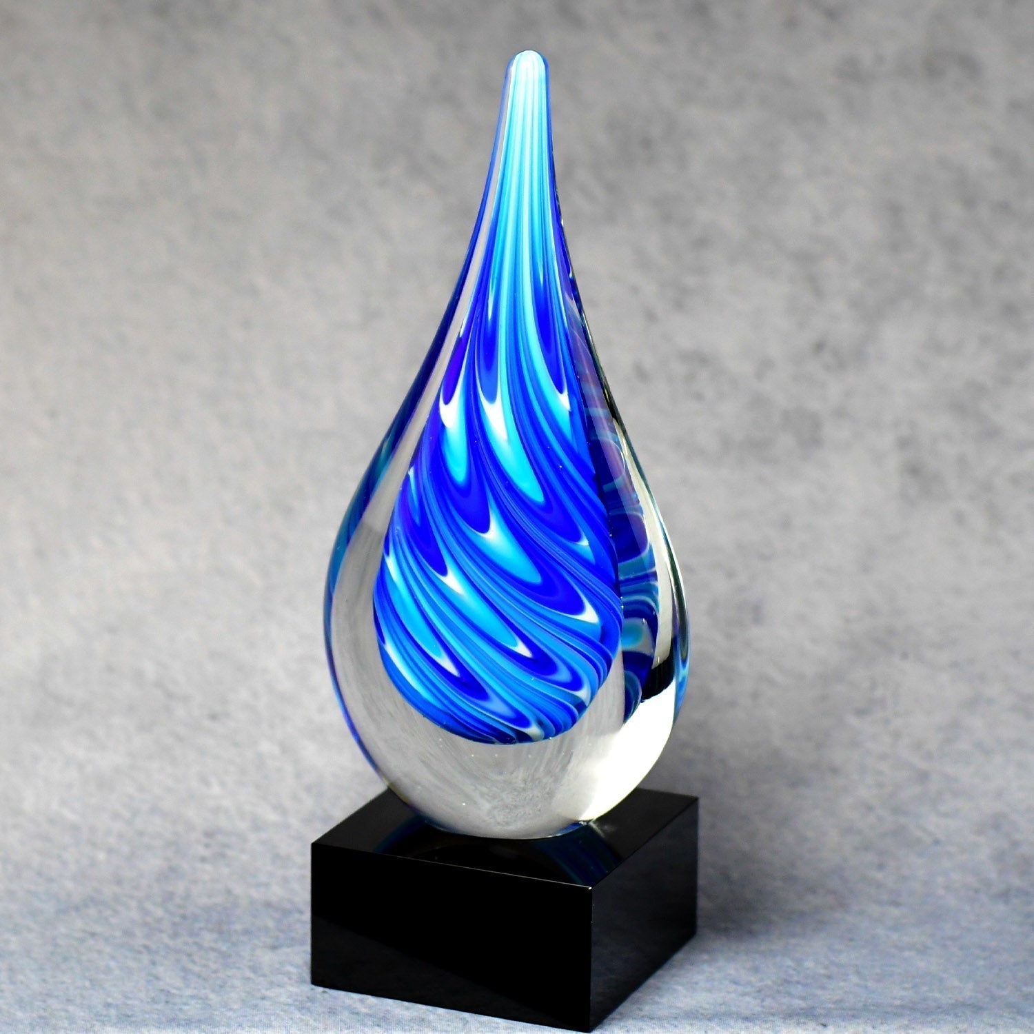 Blue/White Teardrop On Black Glass Base | Global Recognition Inc