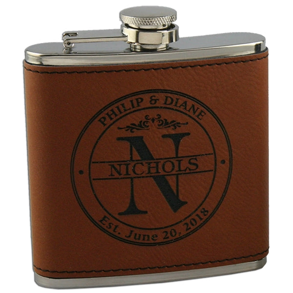 Leatherette Stainless Steel Flask, Brown, Personalized